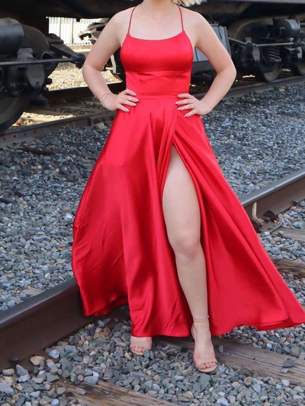 Sherri Hill Red Satin Prom Gown with High Slit
